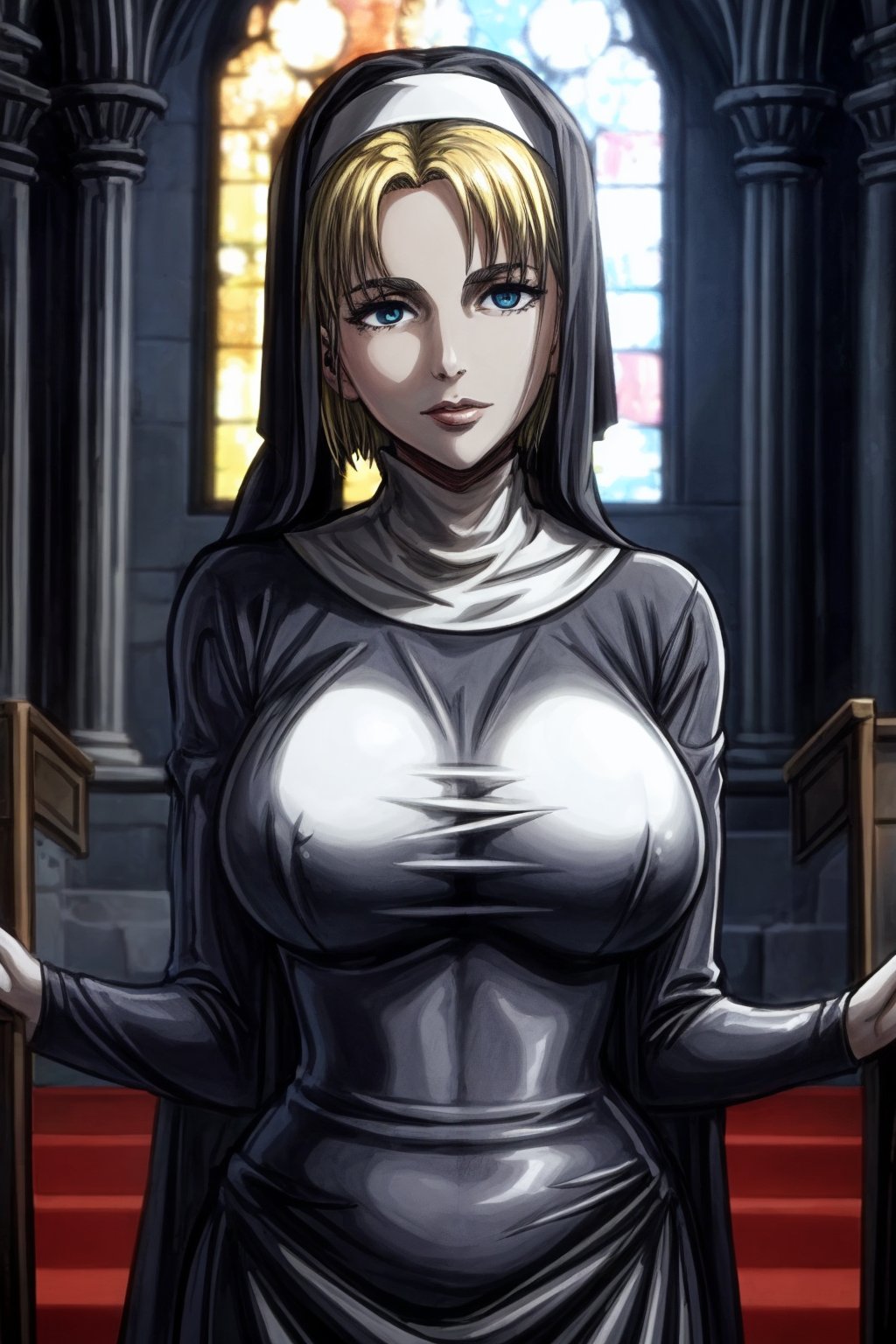 masterpiece, very detailed, nanaba, 1 girl, in a church, dressed as a nun, large breasts, short blonde hair shaved on the sides, mature woman, dressed as a nun, dressed in white or black, blue eyes, Def versia*,