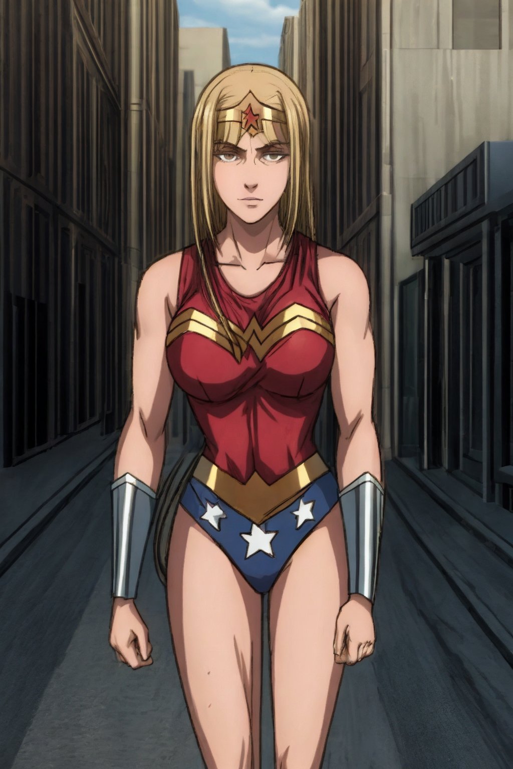 1 girl, alone, a city, on the street, masterpiece, very detailed, blonde, long hair Lora de Ymir, soft smile, wearing, the costume, wonder woman,wonder2, big breasts, 