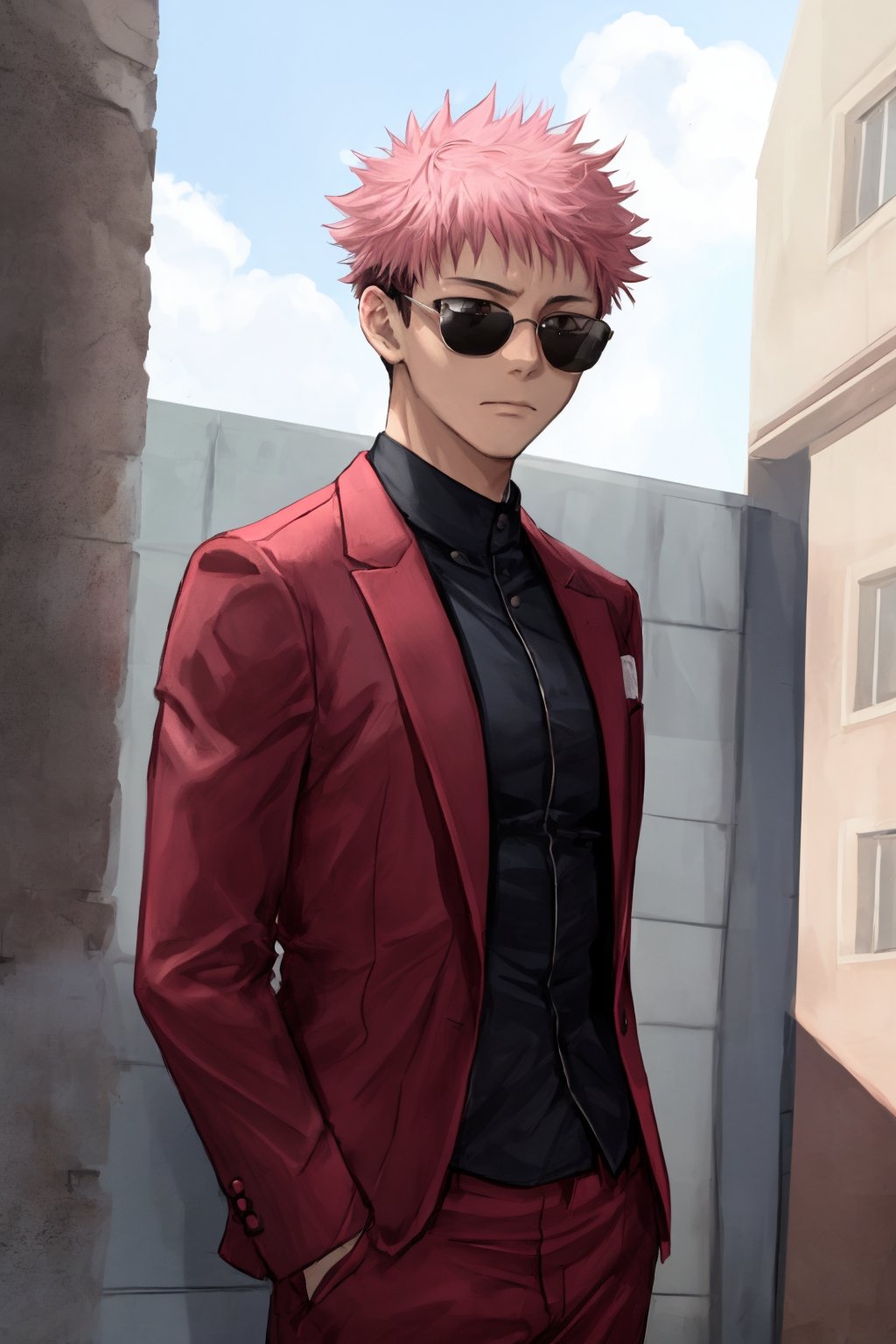 yuji itadori, alone, 1 boy, pink hair, short hair shaved on the sides, wearing 1 elegant pink suit, muscular, with sunglasses, ,itadori yuuji,spiked hair,short hair,undercut,facial mark,Germany Male,brown eyes