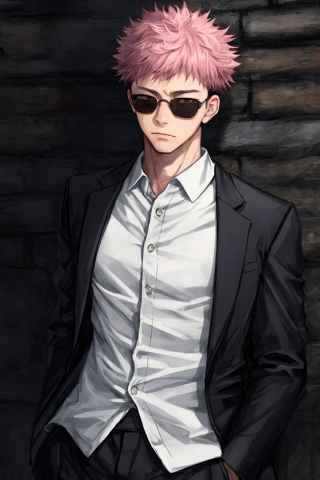 yuji itadori, alone, 1 boy, pink hair, short hair shaved on the sides, wearing 1 elegant suit, muscular, wearing sunglasses, yuuji itadori, spiky hair, short hair, undercut, facial marking, Germany Male, eyes brown boater hat