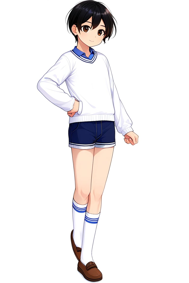 boy, black hair, brown eyes, white long sleeve shirt, dark blue jean shorts, with short white stockings, anime