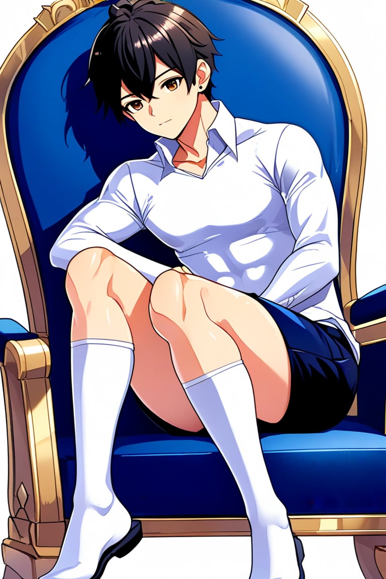 boy, black hair, brown eyes, white long-sleeved shirt, dark blue jean shorts, wearing short white stockings, slim muscles, sitting on a throne made of diamond with legs crossed, anime
