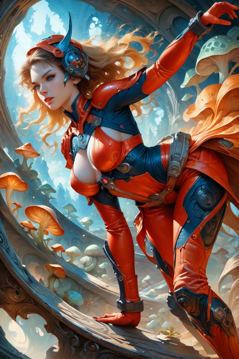 a tokusatsu heroine, viewed from the side, full body shot, low angle shot, bottom-up perspective, action shot, extremely sexy blonde woman, wearing a hightec suit, she is surrounded by incredible alien fungi, inspired by Detonator Orgun, Yoshitaka Amano style, fantasy art nouveau style, (best quality,4k,8k,highres,masterpiece:1.2),ultra-detailed,(realistic,photorealistic,photo-realistic:1.37),dramatic lighting,vibrant colors, stunning details, tokusatsu style