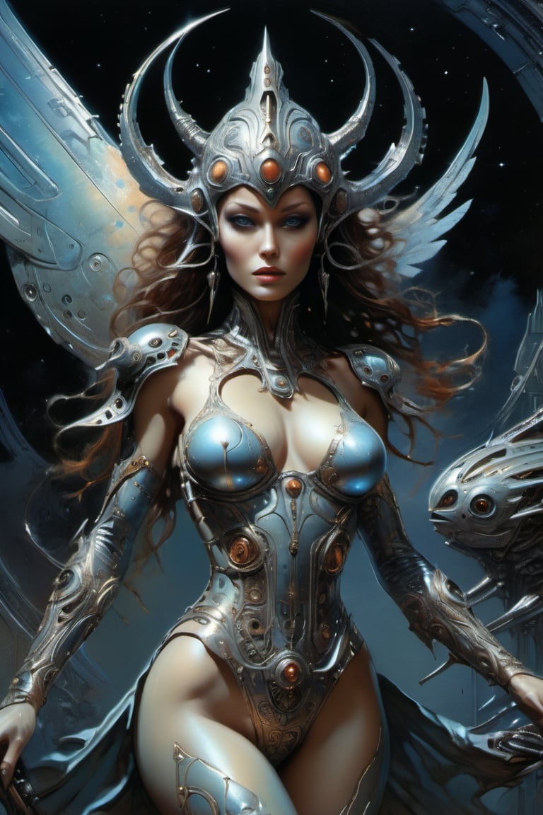 award winning digital art, dramatic lighting, full body shot, extremely detailed skin, a beautiful alien goddess, a moon deity, biomechanical, wearing an intricate high-tech bodysuit, spaceship, outer space, retro futuristic, sci-fi, fantasy art, 80s fantasy movie style, intricate mechanical details, glowing cybernetic enhancements, action pose, frank frazetta style, best quality, 8k, highres, masterpiece, ultra-detailed, realistic, photorealistic, HDR, UHD, studio lighting, ultra-fine painting, sharp focus, physically-based rendering, extreme detail description, professional, vivid colors,more detail XL