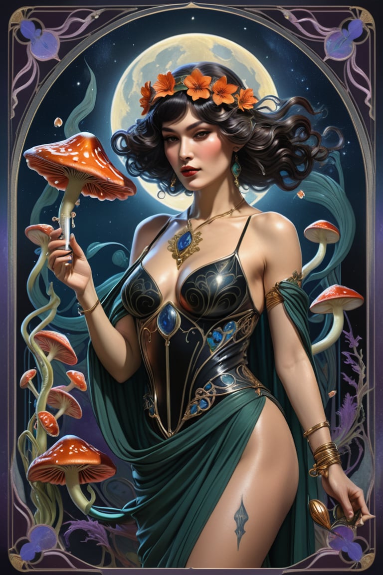 the wraith flower woman, a gorgeous italian priestess, in a sexy pose, from the side shot, perfect short wavy hair, she is holding an intricate poison vial, she is surrounded by incredible alien fungi, Yoshitaka Amano style, fantasy art nouveau tarot card style, (best quality,4k,8k,highres,masterpiece:1.2),ultra-detailed,(realistic,photorealistic,photo-realistic:1.37),dramatic lighting,vibrant colors,stunning details