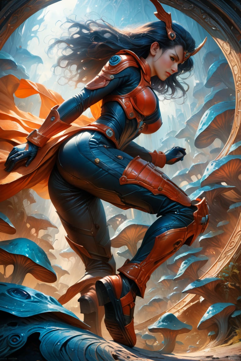 a female tokusatsu heroine, viewed from the side, full body shot, low angle shot, bottom-up perspective, action shot, wearing a hightec suit, she is fighting a kaiju, she is surrounded by incredible alien fungi, inspired by Kamen Rider, Yoshitaka Amano style, fantasy art nouveau style, (best quality,4k,8k,highres,masterpiece:1.2),ultra-detailed,(realistic,photorealistic,photo-realistic:1.37),dramatic lighting,vibrant colors, stunning details, tokusatsu style