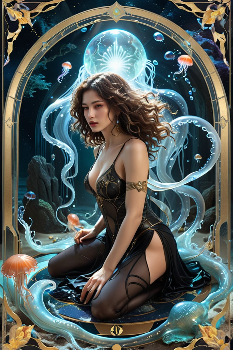 the wraith woman, a gorgeous italian priestess, in a sexy pose, from the side shot, perfect short wavy hair, she is emerging in the scene crawling from within an interdimensional portal on the ground, she is surrounded by incredible alien jellyfish, Yoshitaka Amano style, fantasy art nouveau tarot card style, (best quality,4k,8k,highres,masterpiece:1.2),ultra-detailed,(realistic,photorealistic,photo-realistic:1.37),dramatic lighting,vibrant colors,stunning details