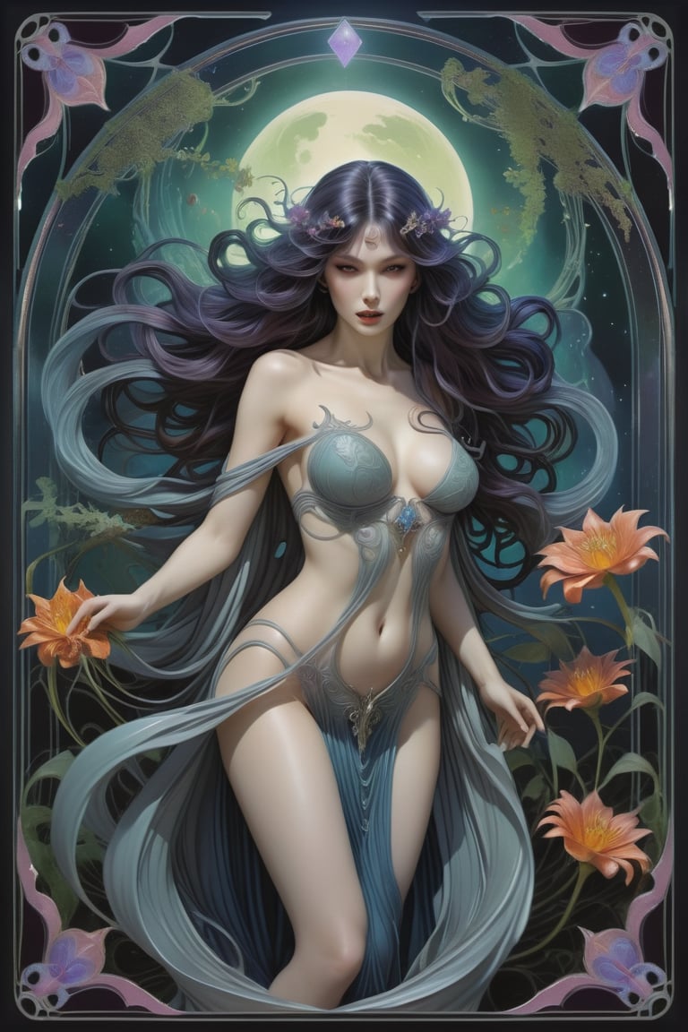 the ghostly wraith woman, a sexy sorceress, in a lustful pose, back view, perfect wavy hair, she is emerging from within a worm hole, she is surrounded by incredible alien flora, Yoshitaka Amano style, fantasy art nouveau tarot card style, (best quality,4k,8k,highres,masterpiece:1.2),ultra-detailed,(realistic,photorealistic,photo-realistic:1.37),dramatic lighting,vibrant colors,stunning details