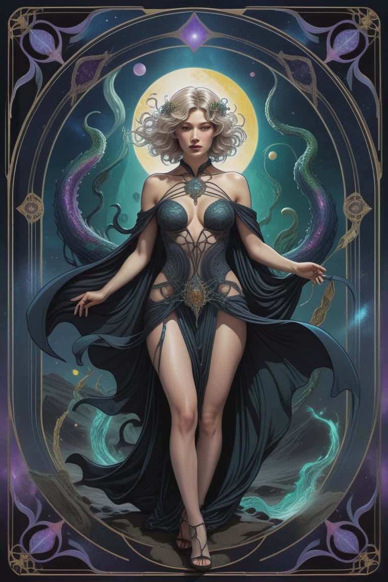 the wraith woman, a mysterious nordic priestess, in a sexy pose, from the side, perfect short wavy hair, she is emerging from within an interdimensional hole on the ground, she is surrounded by incredible lovecraftian cosmic horrors, Yoshitaka Amano style, fantasy art nouveau tarot card style, (best quality,4k,8k,highres,masterpiece:1.2),ultra-detailed,(realistic,photorealistic,photo-realistic:1.37),dramatic lighting,vibrant colors,stunning details