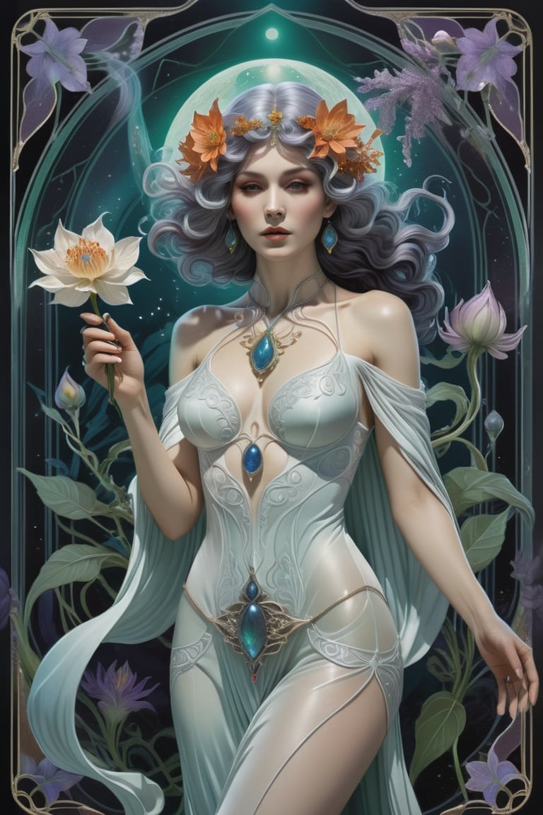 the ghost flower woman, a mysterious nordic priestess, in a sexy pose, side view, perfect short wavy hair, holding an intricate poison vial, she is surrounded by incredible alien flora, Yoshitaka Amano style, fantasy art nouveau tarot card style, (best quality,4k,8k,highres,masterpiece:1.2),ultra-detailed,(realistic,photorealistic,photo-realistic:1.37),dramatic lighting,vibrant colors,stunning details