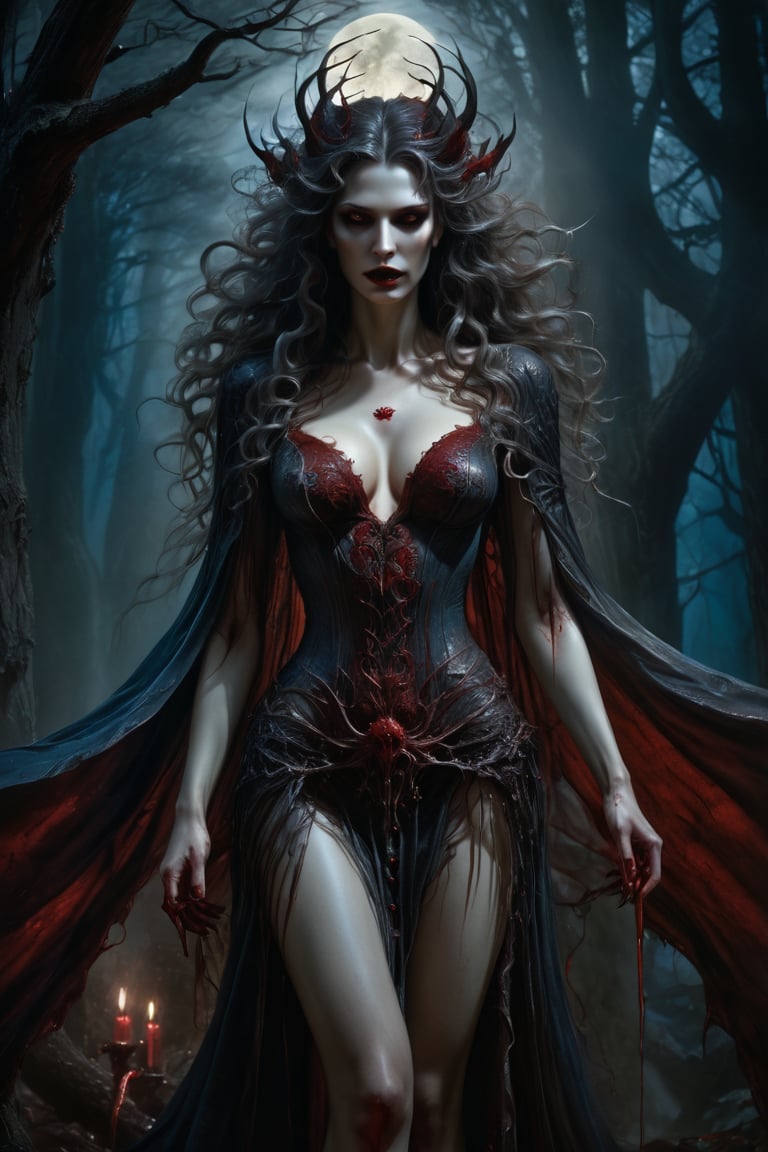 hyper realistic, 8k, award winning digital art, dark fantasy, dramatic lighting, full body shot, from the back, facing away, wide angle, back view, deep shadows, a vampiric goddess, extremely detailed skin, perfect wavy hair, (A vampire goddess, she is using her supernatural powers to psychically manipulate blood, making the blood float around her), hemokinesis, (there are lots of blood strings floating around the environment, flowing towards the vampire goddess's hand), she is wearing a very intricate organic exoskeleton, (the goddess's lower body is vanishing, becoming black mist), the scene unfolds in a dark forest dimly illuminated by a red glow, pale blue and olive hues, mystical energy, dramatic lighting, chiaroscuro, moody atmosphere, cinematic composition, Yoshitaka Amano style,greg rutkowski