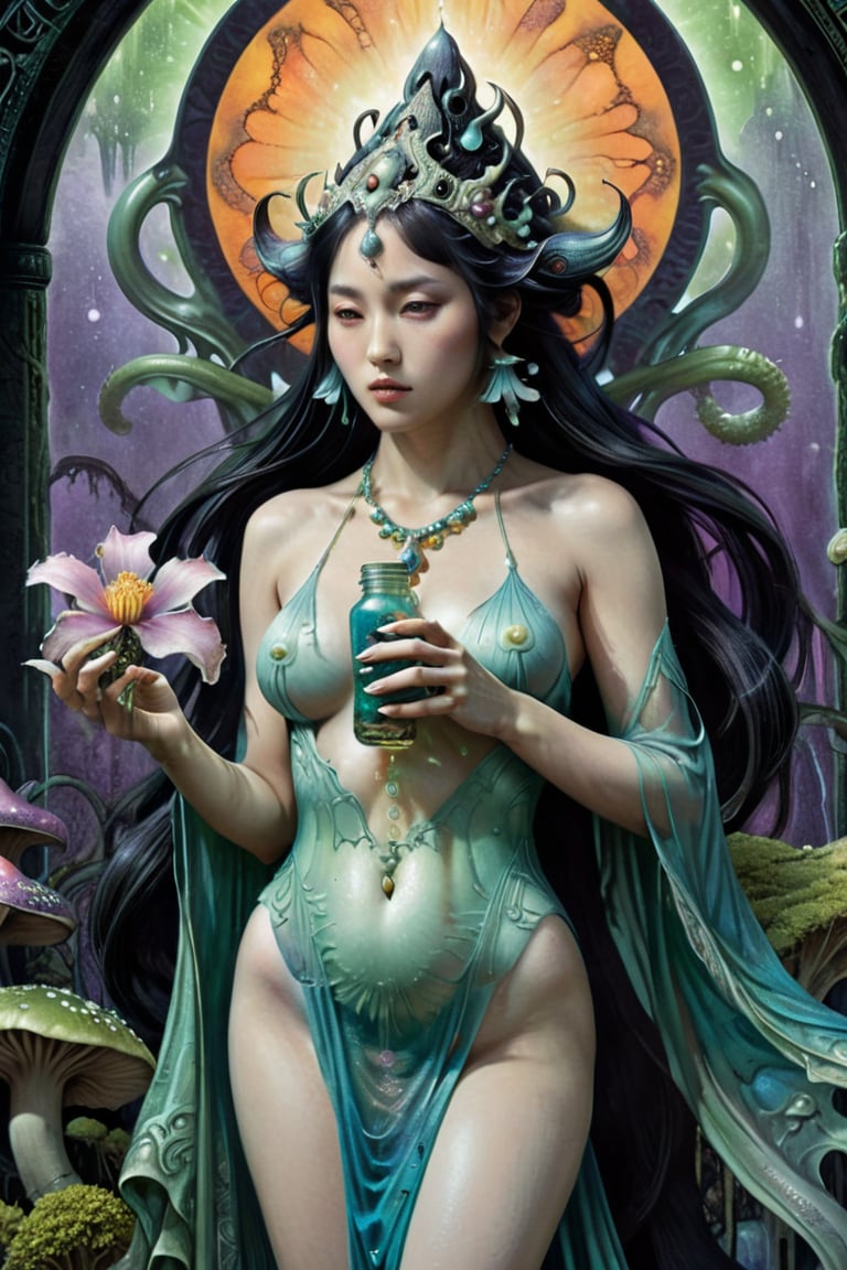 the ghost flower card, a poisonous priestess, from the side shot, perfect short wavy hair, dripping poison from her hands, holding an intricate poison vial, she is surrounded by incredible fungi, Hans Ruedi Giger bio-mechanical style, fantasy art nouveau tarot card style, (best quality,4k,8k,highres,masterpiece:1.2),ultra-detailed,(realistic,photorealistic,photo-realistic:1.37),dramatic lighting,vibrant colors,stunning details,g1h3r,fr4z3tt4,Japanese Girl - SDXL