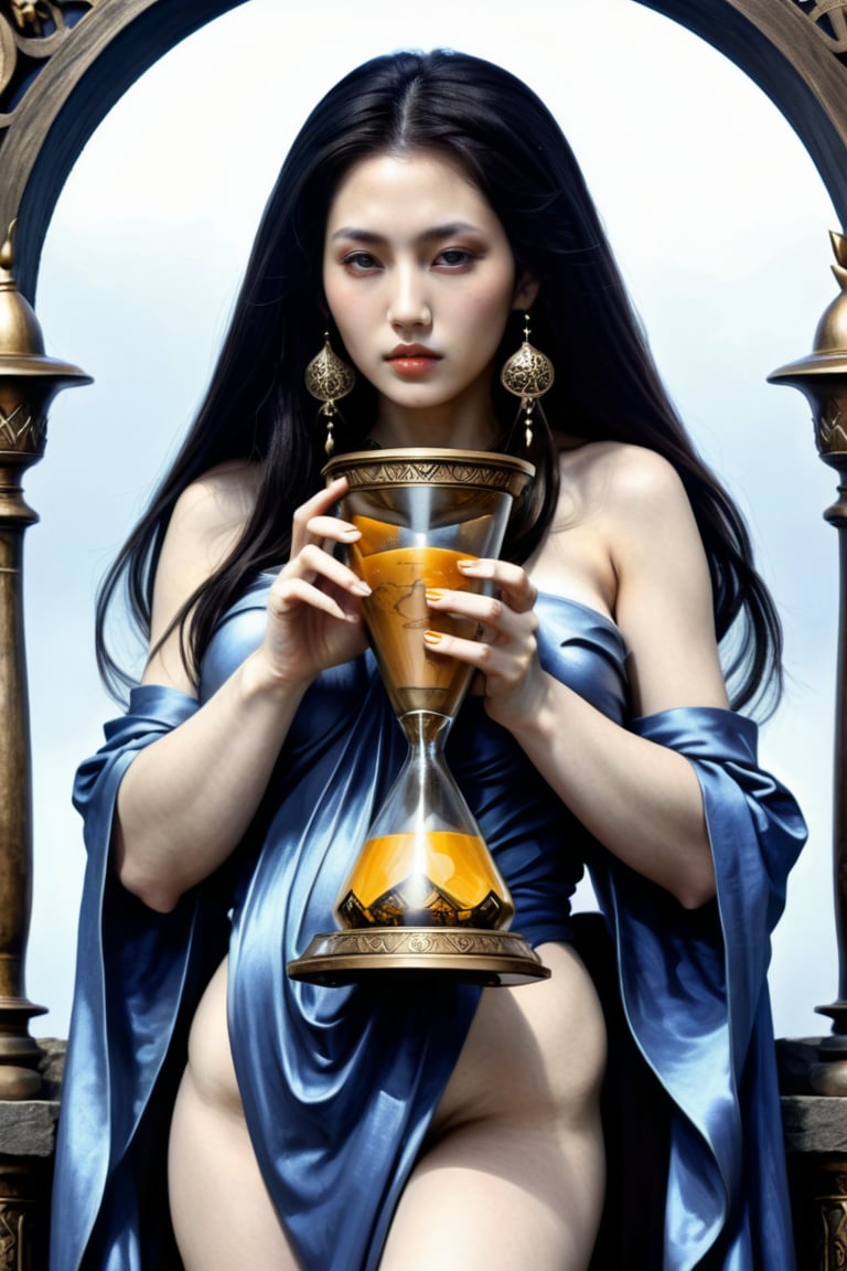 a time goddess, a beautiful woman carrying a large hourglass, wearing a beautifully detailed robe, pointed ears, carrying a large hourglass, Hans Ruedi Giger bio-mechanical style, fantasy art nouveau tarot card style, (best quality,4k,8k,highres,masterpiece:1.2),ultra-detailed,(realistic,photorealistic,photo-realistic:1.37),dramatic lighting,vibrant colors,stunning details,g1h3r,fr4z3tt4 ,Japanese Girl - SDXL