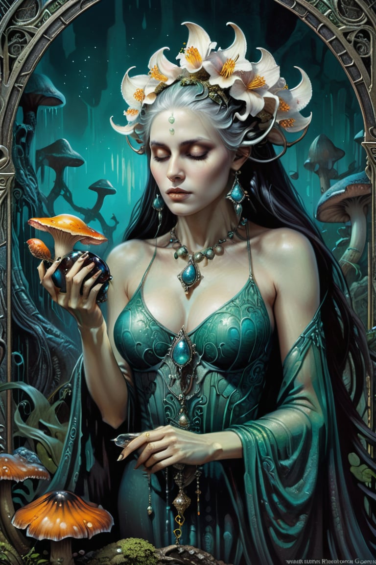 the ghost flower card, a poisonous priestess, from the side, dripping poison from her hands, holding an intricate poison vial, she is surrounded by incredible fungi, Hans Ruedi Giger bio-mechanical style, fantasy art nouveau tarot card style, (best quality,4k,8k,highres,masterpiece:1.2),ultra-detailed,(realistic,photorealistic,photo-realistic:1.37),dramatic lighting,vibrant colors,stunning details,g1h3r,fr4z3tt4,LinkGirl