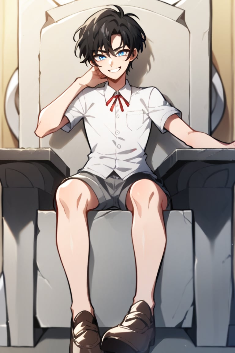 score_9, score_8_up, score_7_up, BREAK, mfant, 1boy, androgynous, short hair, white shirt, polo shirt, long sleeves, red ribbon, ribbon tie, grey shorts, ((shorts)), black hair, blue eyes, confident, smile, throne, brown loafers