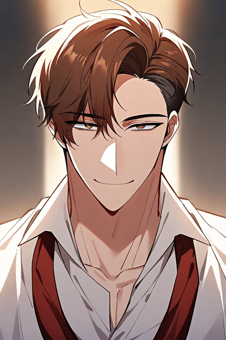 masterpiece, best quality, very aesthetic, absurdres, 1boy, handsome, toned male, brown hair, brown eyes, white shirt, collared shirt, red necktie, grey pants, upper body, straight-on, shoujo-style, asymmetrical bangs, smile