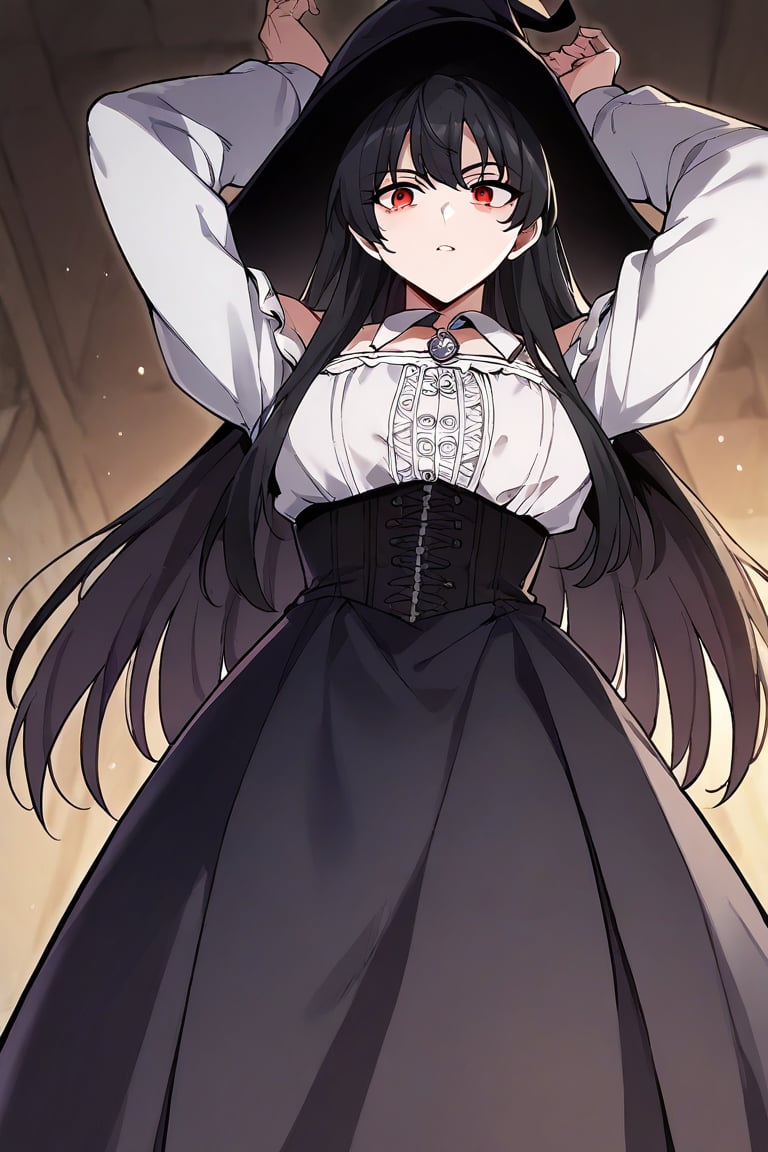 score_9, score_8_up, score_7_up, mfant, female pov, 1girl, petite, long hair, black hair, red eyes, side angle, front shot, cowboy shot, low angle shot, black hat, witch hat, bodice, black dress, pinafore dress, low-cut blouse, white blouse, puffy sleeves, long sleeves, staring down, one magic staff, staff in back, arms up, strapless dress, black corset