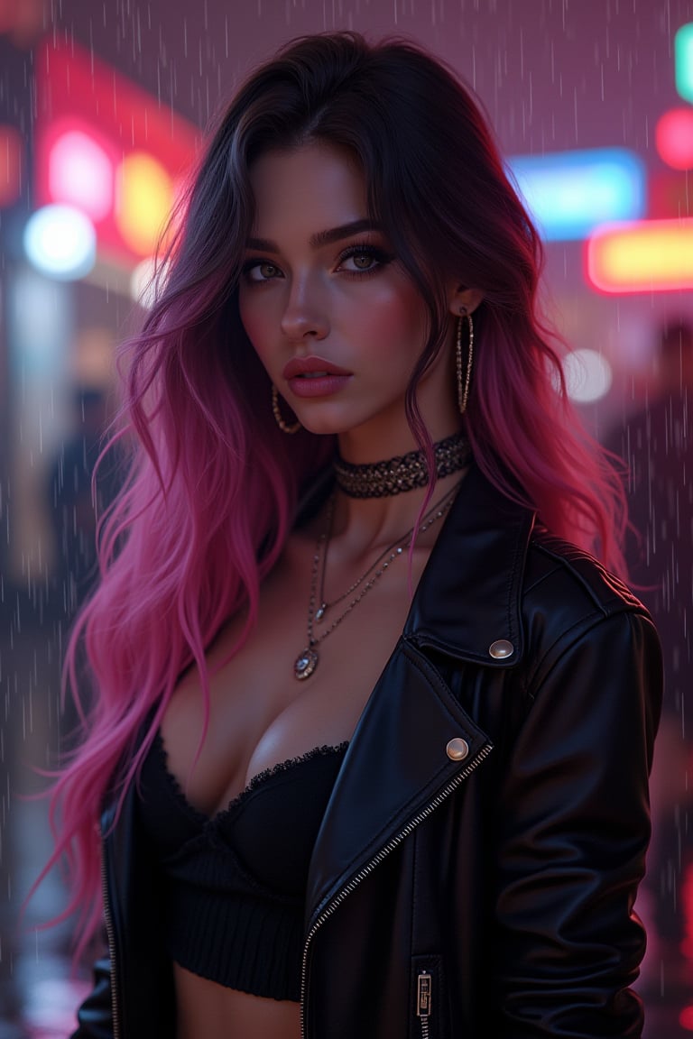 best quality, masterpiece, (photorealistic:1.4),r ealistic, photorealistic,
 1girl, solo,18 years old, beautiful, makeup, elegant, neckless, earing,
majestic flowing hair,  long hair, looking at the viewer, Realistic full photo, full body, Black and pink haired woman with ((pink highlights)), long hair,  
wearing a black Top, leather jacket and a leather clothes and smoking a vap, nigthclub, rain, 
