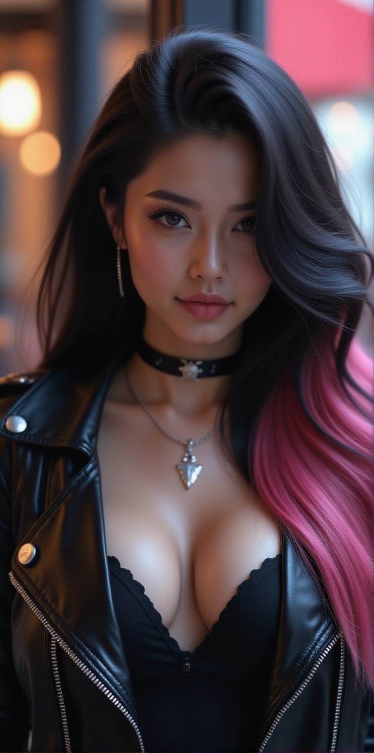 best quality, masterpiece, (photorealistic:1.4), 1girl, majestic flowing hair, rain, 1girl, solo, long hair, looking at the viewer,   snobby face, happy,
Realistic full photo, full body, Black and pink haired woman with ((pink highlights)), long hair, 18 years old, beautiful, makeup, elegant, neckless, earing, wearing a black Top, leather jacket and a leather clothes and smoking a vap, nigthclub, photorealistic,
Ralistic