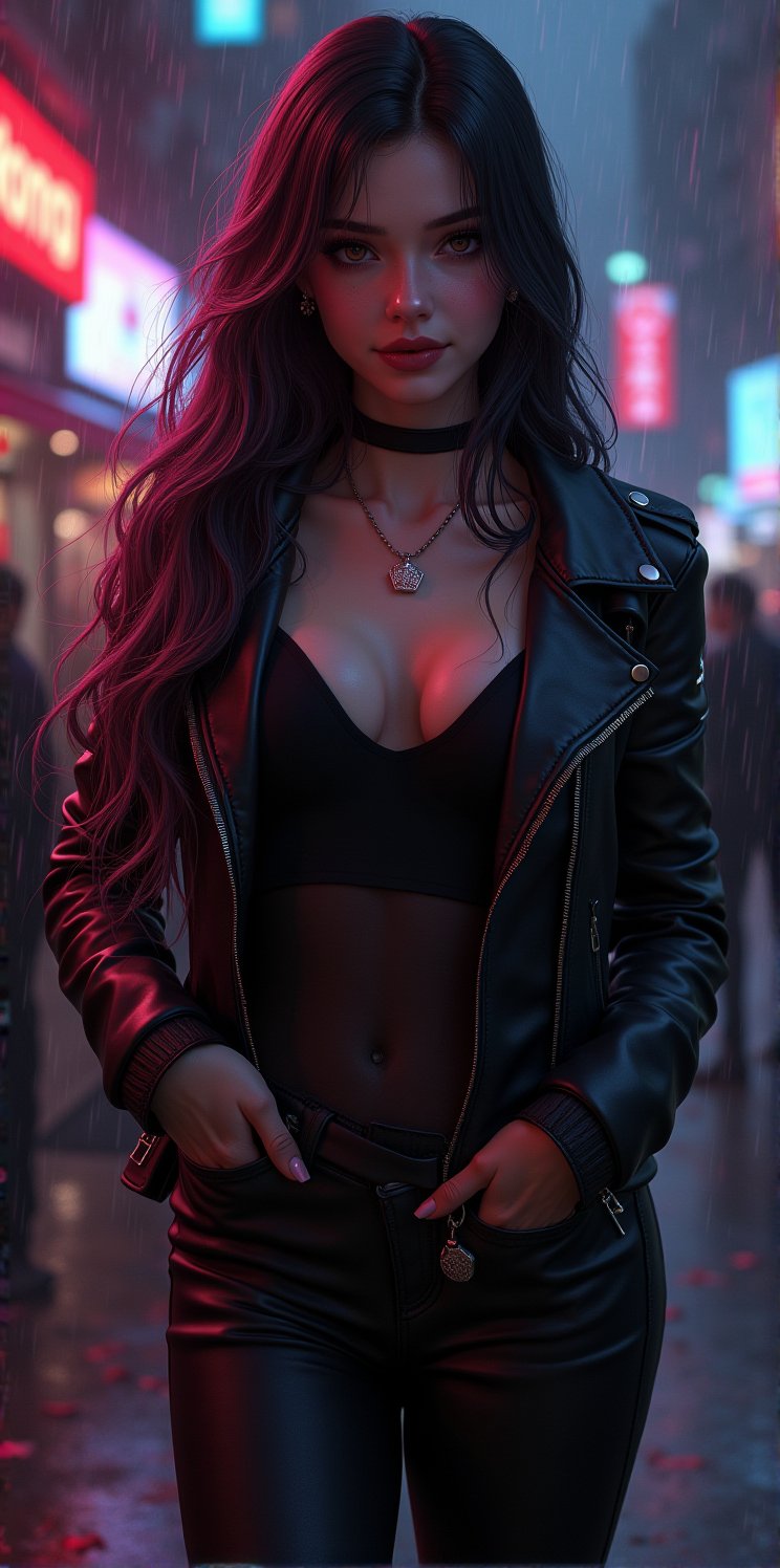 best quality, masterpiece, (photorealistic:1.4),r ealistic, photorealistic,
 1girl, solo,18 years old, beautiful, makeup, elegant, neckless, earing,
majestic flowing hair,  long hair, looking at the viewer, Realistic full photo, full body, Black and pink haired woman with ((pink highlights)), long hair,  
wearing a black Top, leather jacket and a leather clothes and smoking a vap, high boots, 
looking at view, happy, discret simile,

nigthclub, rain, 
