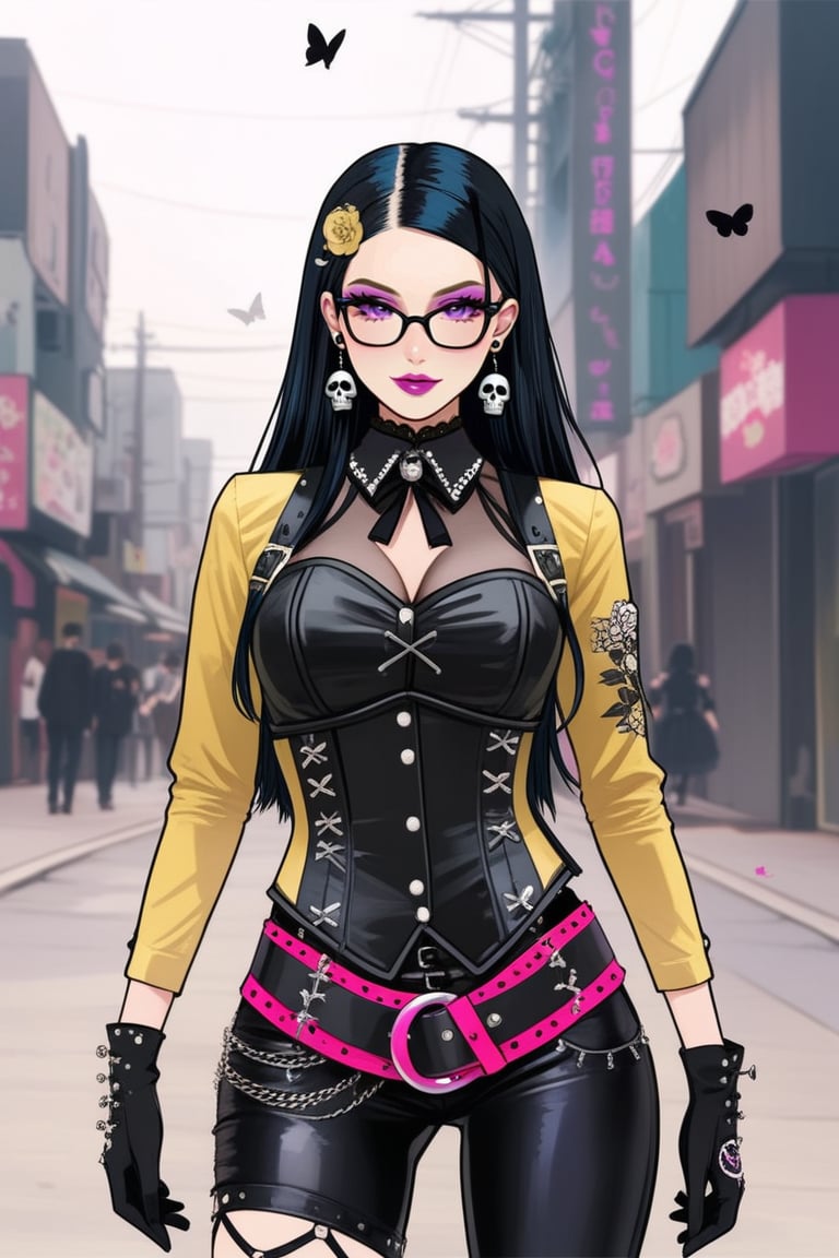 1girl, Catholicpunk aesthetic art, cute goth girl in a fusion of Japanese-inspired Gothic punk fashion, glasses, skulls, goth. black gloves, tight corset, black tie, harness, punk, rave, incorporating traditional Japanese motifs and punk-inspired details,Emphasize the unique synthesis of styles, flowers, butterflies, score_9, score_8_up ,heavy makeup, earrings, Lolita Fashion Clothes, kawaii, hearts ,emo, kawaiitech, dollskill,c0l0urc0r3,goth gir