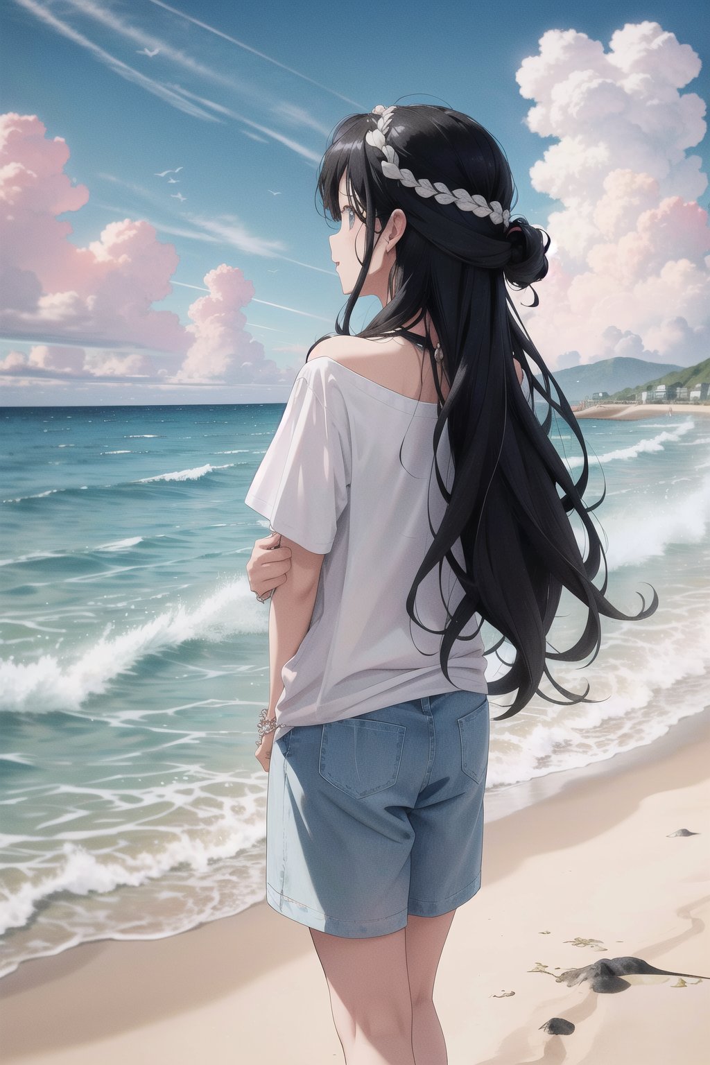 1 girl, white_T-shirt, "Welcome! Music Festival in the Clouds by Fromis_9" text, black_hair, long_hair, hair_flowing_over_shoulders, standing_on_beach, ocean_background, horizon_line, clear_weather, casual, summer_vibe, outdoor, daytime