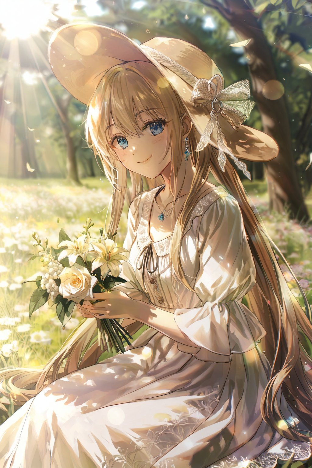 (Artistic_Style:1.5), (1_girl:1.0), (long_blonde_hair:1.3), (blue_eyes:1.1), (petite_frame:1.2), 
(flowy_white_dress:1.3), (embroidery:1.1), (sun_hat:1.0), (sitting_in_a_field:1.4), 
(holding_a_flower:1.3), (looking_at_camera:1.2), (spring_time:1.0), (bright_sunlight:1.5), 
(flowers_in_background:0.9), (gentle_smile:1.0), 
(soft_blur_effect:0.8), (4k_resolution:0.7), (pastel_colors:0.9)