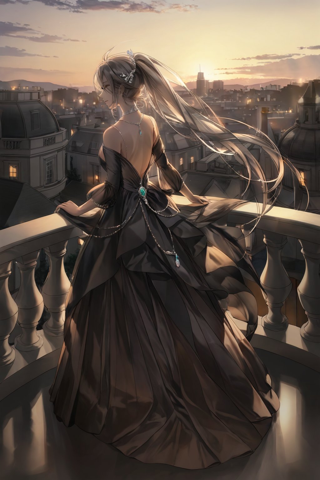 (1_girl, long_flowing_hair:1.2),
(elegant, graceful, mysterious_aura:1.1),
(long_gown, flowing_sleeves, silver_jewelry:1.3),
(standing_on_balcony, overlooking_city_lights, night, windblown_hair:1.4),
(full_body_shot, cinematic_lighting, dark_background:1.5),
enchanting, alluring, sophisticated,