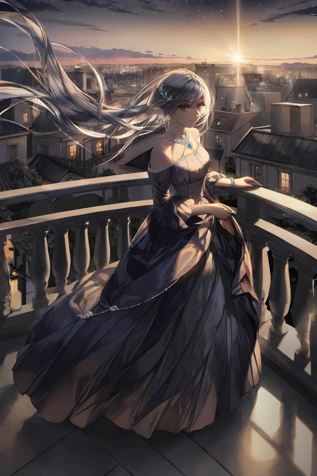 (1_girl, long_flowing_hair:1.2),
(elegant, graceful, mysterious_aura:1.1),
(long_gown, flowing_sleeves, silver_jewelry:1.3),
(standing_on_balcony, overlooking_city_lights, night, windblown_hair:1.4),
(full_body_shot, cinematic_lighting, dark_background:1.5),
enchanting, alluring, sophisticated,