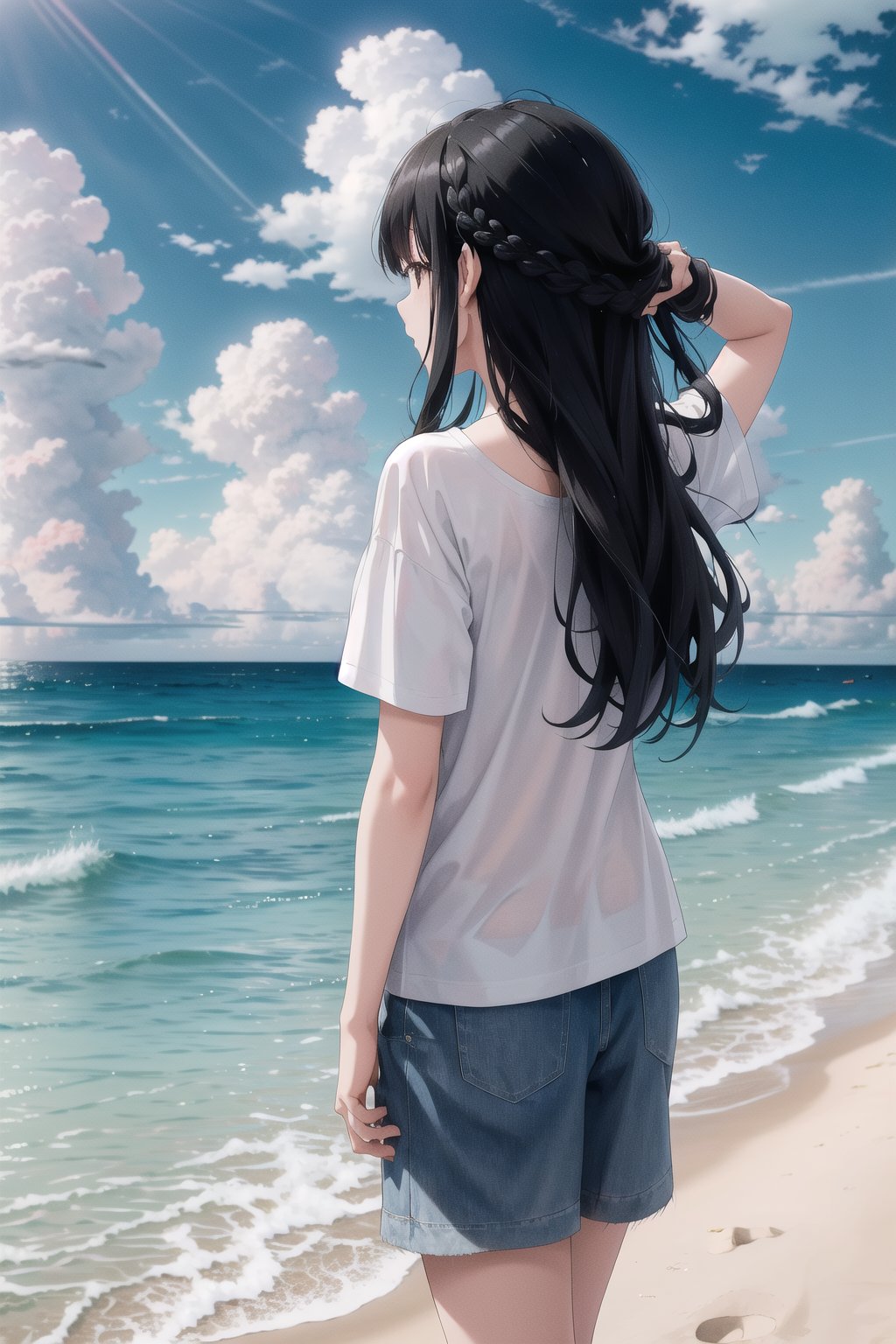 1 girl, white_T-shirt, "Welcome! Music Festival in the Clouds by Fromis_9" text, black_hair, long_hair, hair_flowing_over_shoulders, standing_on_beach, ocean_background, horizon_line, clear_weather, casual, summer_vibe, outdoor, daytime