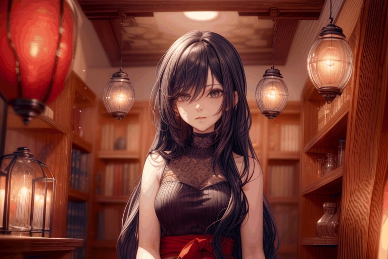 1 woman, long hair, dark colored sleeveless outfit, shoulders exposed, indoors, dim lighting, bookshelf, bottles and jars, lit lanterns, warm atmosphere, background: bookshelf, bottles, lanterns, indoor: dim, woman: long hair, sleeveless, shoulders exposed, lanterns: lit, atmosphere: warm,Anime,masterpiece,anime,best quality