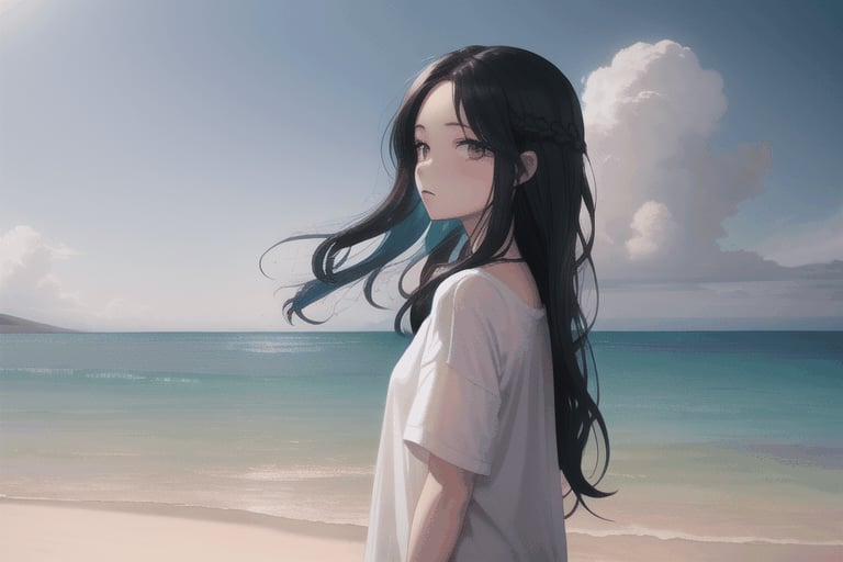 1 girl, white_T-shirt, "Welcome! Music Festival in the Clouds by Fromis_9" text, black_hair, long_hair, hair_flowing_over_shoulders, standing_on_beach, ocean_background, horizon_line, clear_weather, casual, summer_vibe, outdoor, daytime