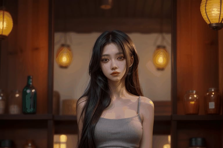 1 woman, long hair, dark colored sleeveless outfit, shoulders exposed, indoors, dim lighting, bookshelf, bottles and jars, lit lanterns, warm atmosphere, background: bookshelf, bottles, lanterns, indoor: dim, woman: long hair, sleeveless, shoulders exposed, lanterns: lit, atmosphere: warm,Anime,masterpiece,anime, fantasy,best quality