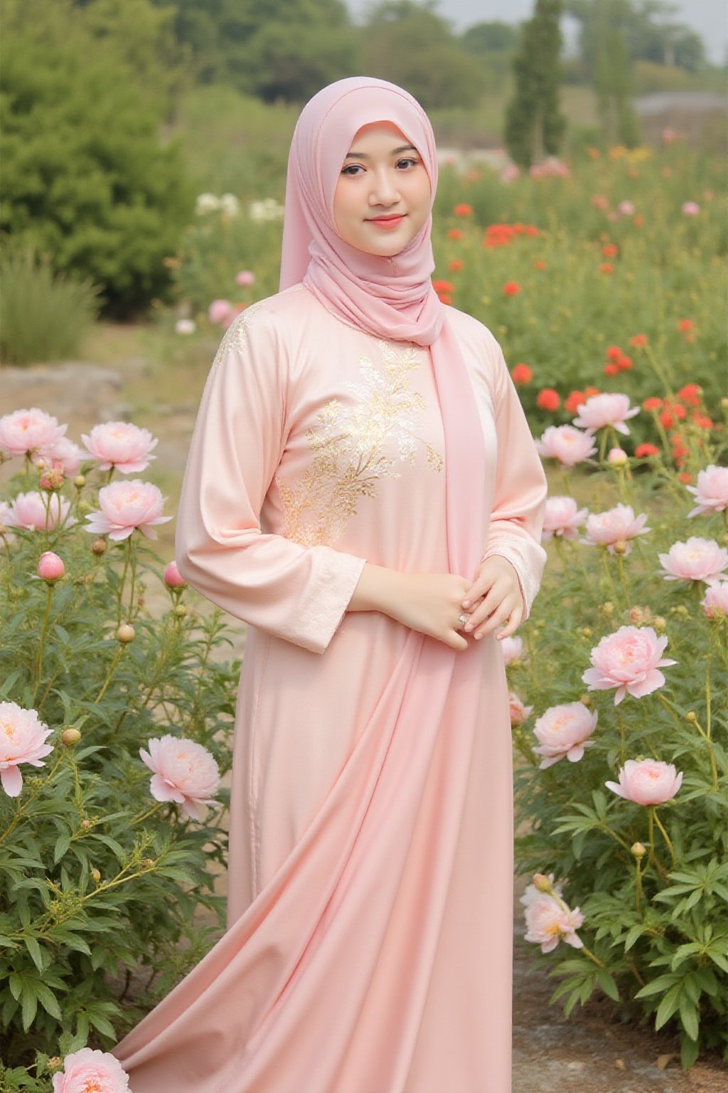 AdelliaHalim's pink hijab cascades like a golden waterfall as she stands full body amidst a lush garden, surrounded by thousands of delicate peonies. The soft sunlight casts a cold glow on her serene face and the vibrant petals, creating a stunning contrast. Her traditional Chinese hanfu dress flows around her slender figure, blending harmoniously with the natural beauty of the flowers.