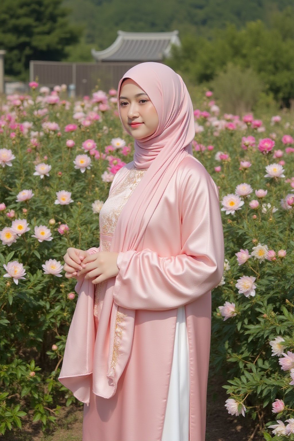 AdelliaHalim's pink hijab cascades like a golden waterfall as she stands full body amidst a lush garden, surrounded by thousands of delicate peonies. The soft sunlight casts a cold glow on her serene face and the vibrant petals, creating a stunning contrast. Her traditional Chinese hanfu dress flows around her slender figure, blending harmoniously with the natural beauty of the flowers.