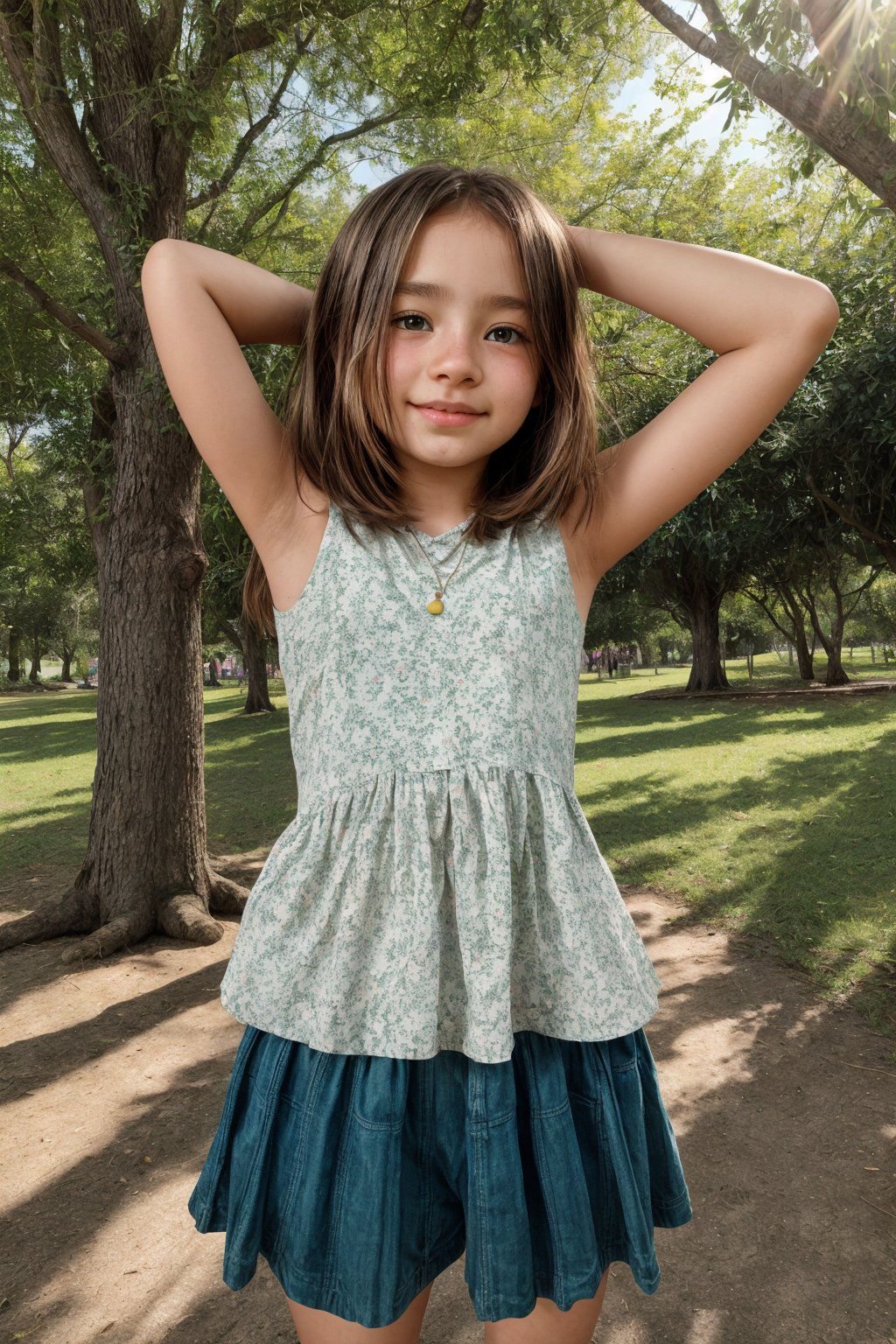 A young girl, approximately 11-13 years old, stands solo in a sun-drenched park, surrounded by lush greenery and vibrant flora. Her petite frame radiates confidence through casual attire, showcasing her playful demeanor as she revels in the warmth of the bright sunlight against a picturesque backdrop of colorful trees.