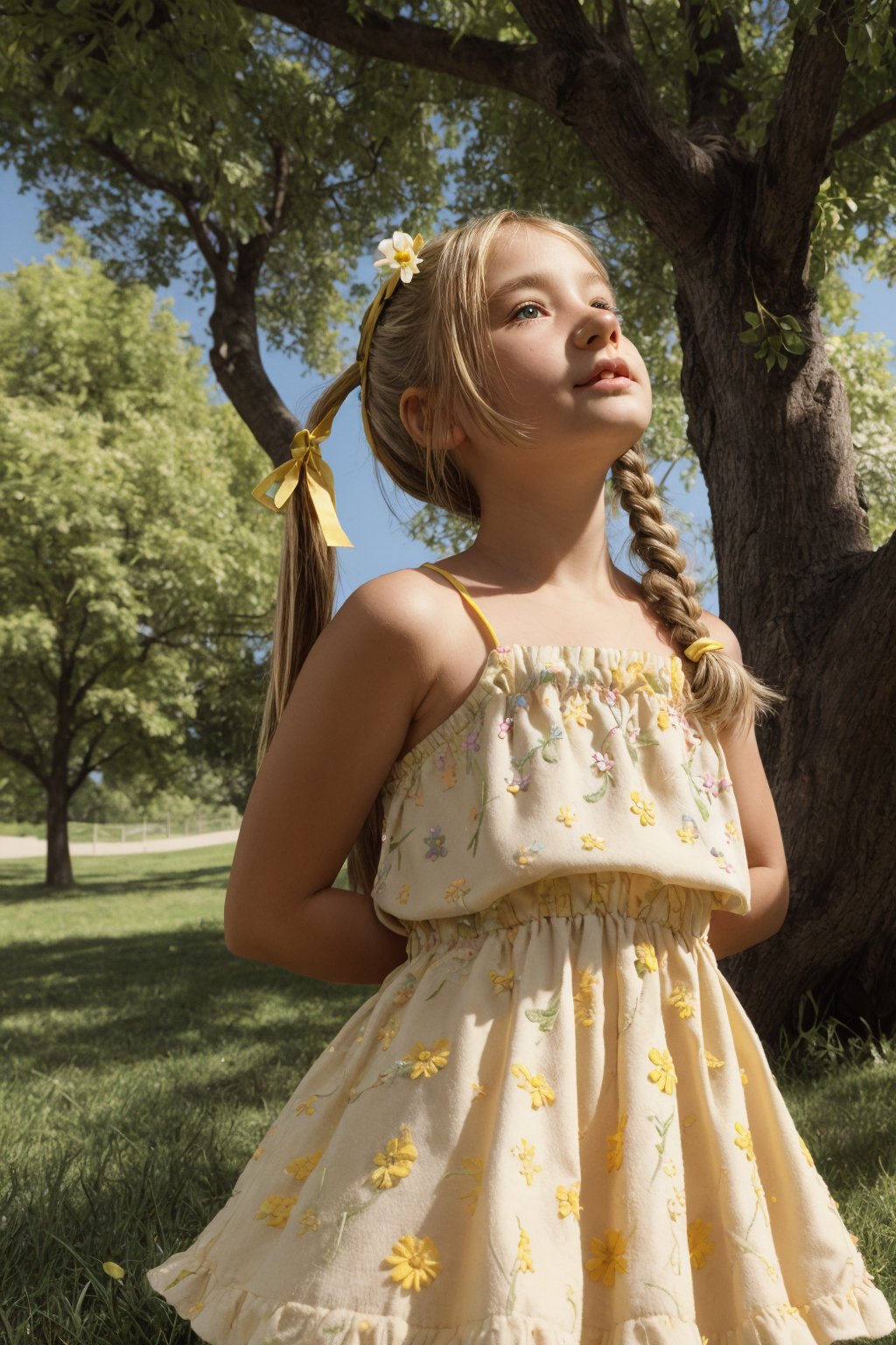 A young girl, around 11-13 years old, stands alone in a sunny park, surrounded by lush green grass and colorful vibrant flowers and trees. She looks up at something with wonder in her eyes, her blonde pigtails tied back with a ribbon, wearing a alluring bright yellow mini sundress with white flowers embroidered along the hem.