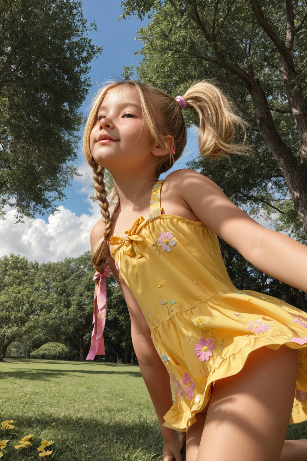 A young girl, around 11-13 years old, stands alone in a sunny park, surrounded by lush green grass and colorful vibrant flowers and trees. She looks up at something with wonder in her eyes, her blonde pigtails tied back with a ribbon, wearing a alluring bright yellow mini sundress with white flowers embroidered along the hem.