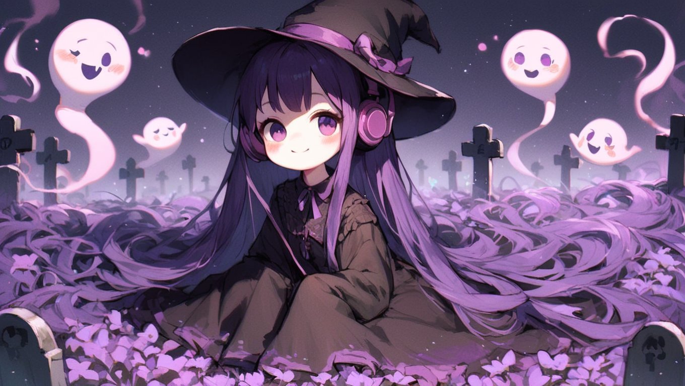 score_9,score_8_up,score_7_up,ClrSkt,
1girl, black dress, black headwear, blush, dress, ghost, headphones, long hair, purple eyes, sleeves past fingers, sleeves past wrists, smile, solo, very long hair, cemetery