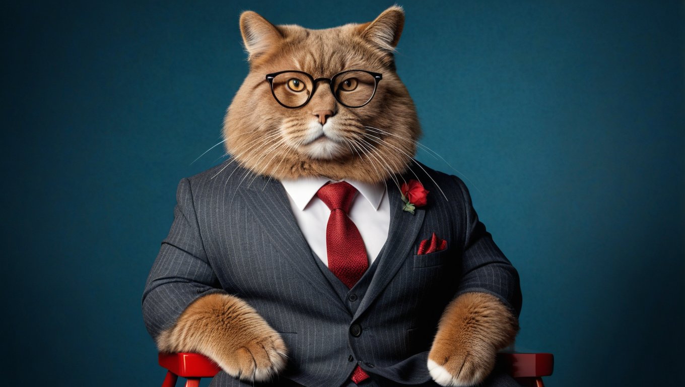 Create an extremely realistic photo of a fat cat wearing glasses, sitting on a stool, dressed in a sharp suit and wearing lipstick. The image features ultra-sharp focus, realistic textures and fur, and rich colors. The composition is high definition, HDR, with extreme and intricate details, sharp focus, and enhanced all aspects for a masterpiece quality photo. The bear is in a poised pose, with detailed facial features and expressive eyes, set against a detailed, well-lit background, highlighting the suit and lipstick.