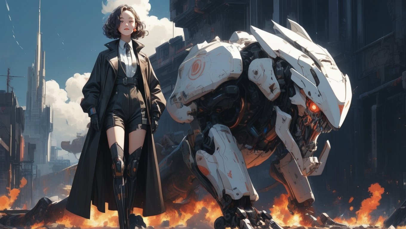 (by Loish, Leyendecker, james gilleard),  A full body shot of a young goth woman, short black curly hair, slightly smiling, one raised eyebrow, wearing a black metal cyborg suit , red lips, dark eye makeup, dark future battlefield background, ,heavy_jacket,Fire Angel Mecha