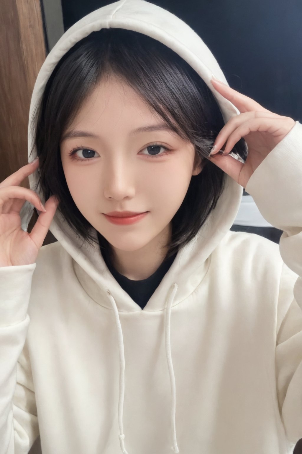 15 years old girl, solo, looking at viewer, smile, short hair, black hair, hair between eyes, closed mouth, upper body, hood, black eyes, lips, hoodie, hood down