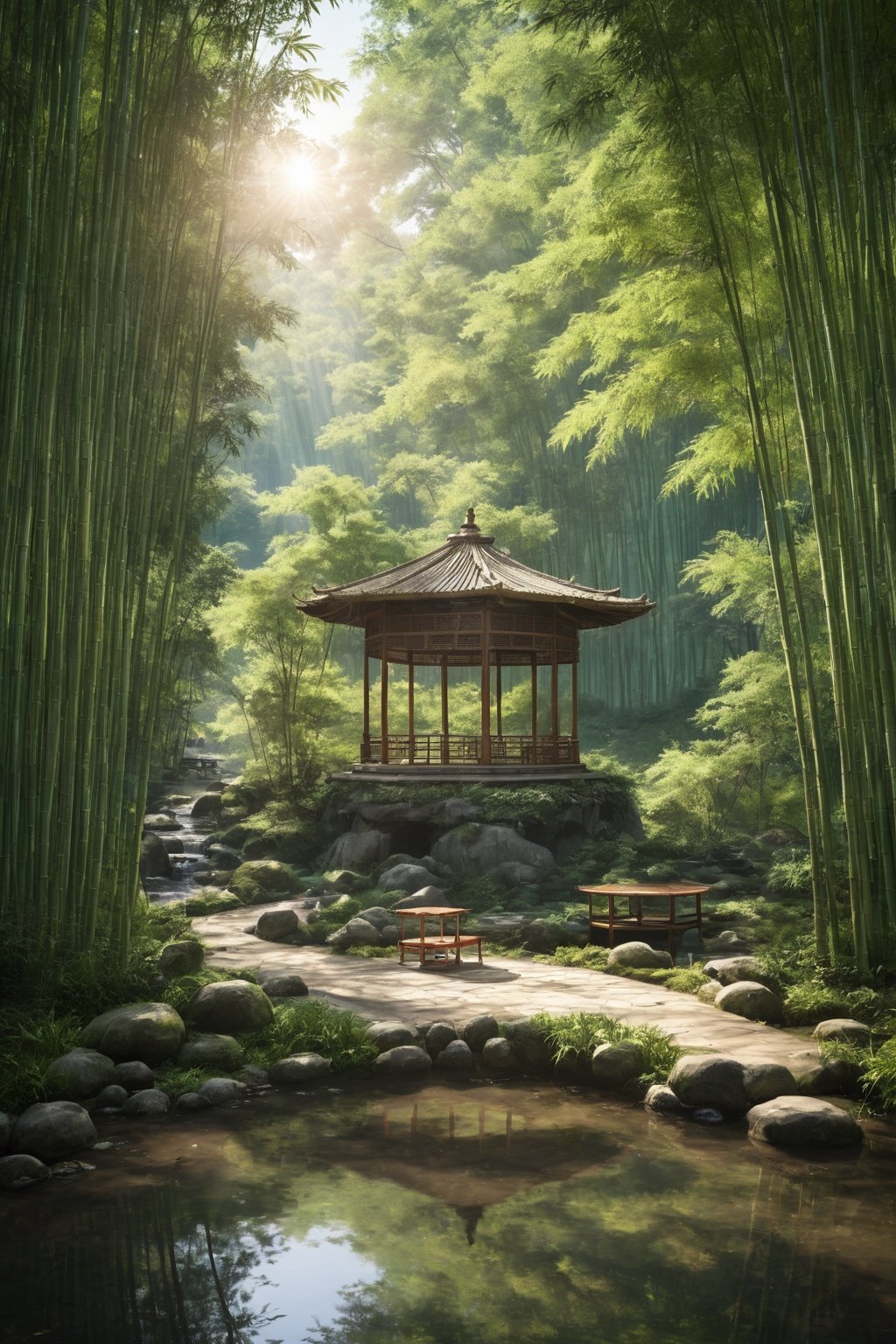 Chinese style, a quiet bamboo forest with a small pavilion and a stream next to it. A classical beauty is sitting in the pavilion playing the piano, and the sun is shining in the bamboo forest.