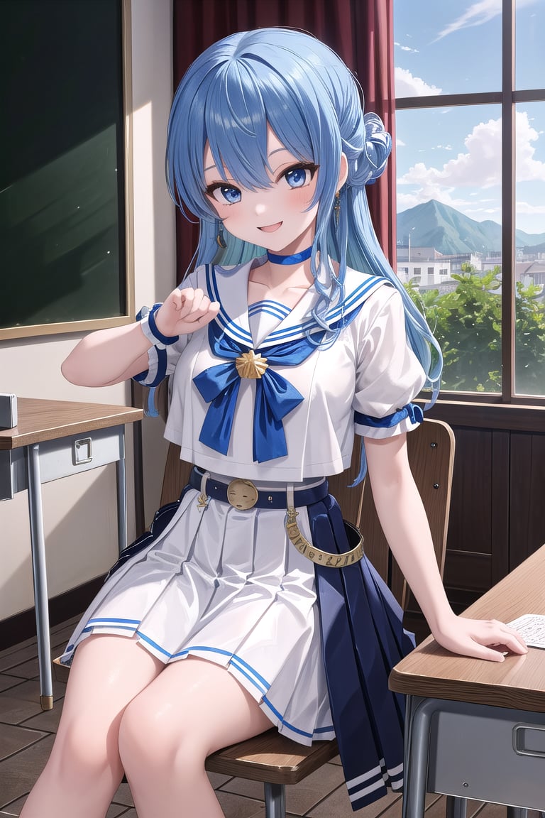 masterpiece, best quality, absurdres, perfect anatomy, SuiseiSchool, long hair, half updo, white serafuku, blue choker, blue bowtie, blue belt, white skirt, short sleeves, indoors, classroom, sitting, chair, smile, ,(masterpiece),scenery