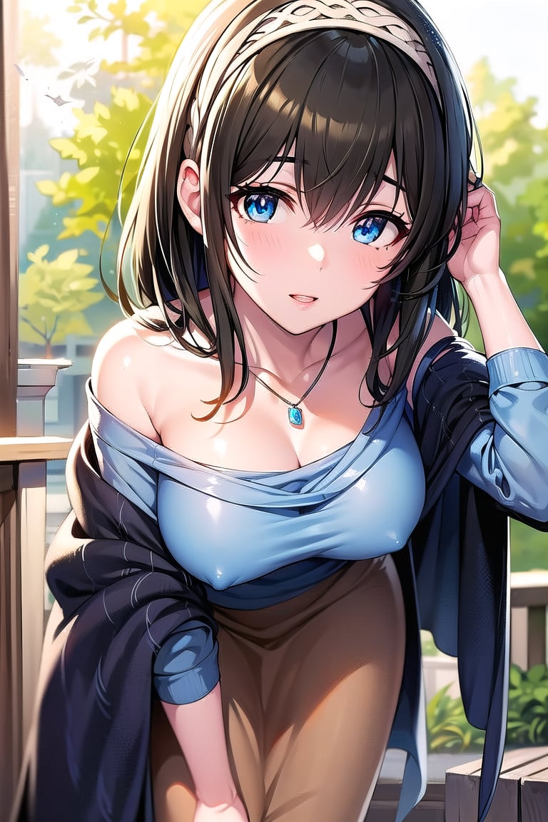 masterpiece, Best Quality, High resolution, aafumika, The Idolmaster, Long Hair, Hairbands, clavicle, necklace, Blue sweater, Blue shawl, Brown Skirt, Cowboy Shot, Standing, sexy pose,Outdoor,bent over and from front,down_blouse,leaning forward