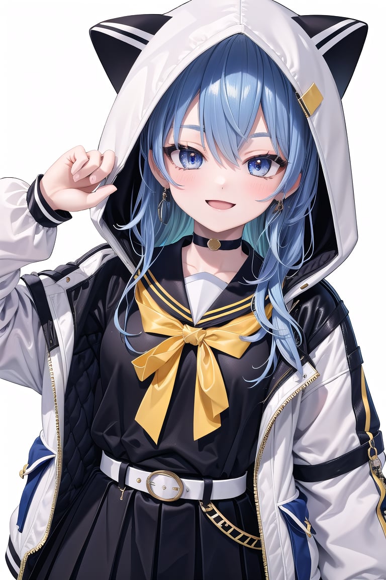 masterpiece, best quality, absurdres, perfect anatomy, SuiseiSchool, long hair, black serafuku, black shirt, black choker, yellow bowtie, grey belt, black skirt, white jacket, hood up, cat hood, open jacket, smile, simple background, portrait, 