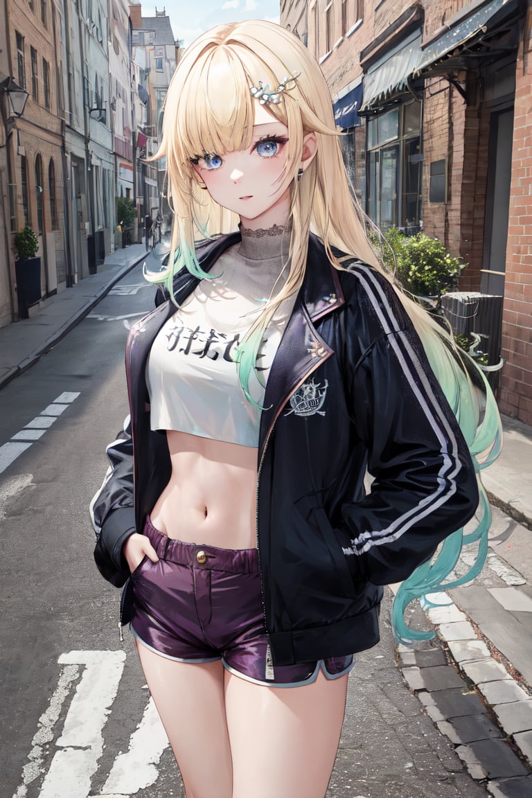 masterpiece, best quality, highres, aaema, long hair, gradient hair, hair ornament, , cropped jacket, crop top, shorts, stree, hands in pockets, day