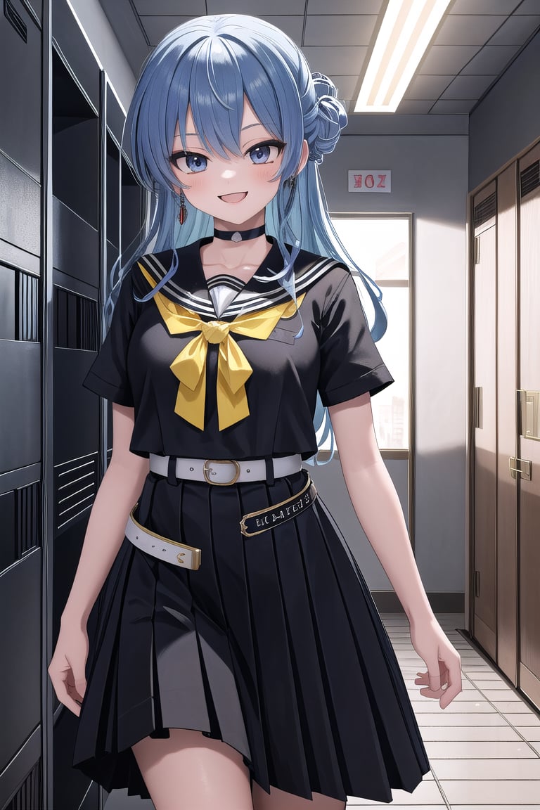 masterpiece, best quality, absurdres, perfect anatomy, SuiseiSchool, long hair, half updo, black serafuku, black shirt, black choker, yellow bowtie, grey belt, black skirt, short sleeves, hallway, school, leaning against lockers, smile, ,(masterpiece),scenery