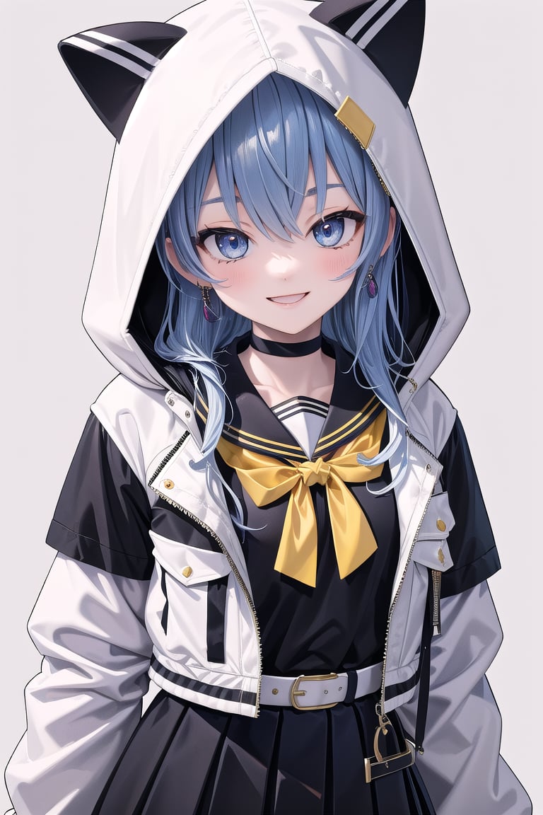 masterpiece, best quality, absurdres, perfect anatomy, SuiseiSchool, long hair, black serafuku, black shirt, black choker, yellow bowtie, grey belt, black skirt, white jacket, hood up, cat hood, open jacket, smile, simple background, portrait, 