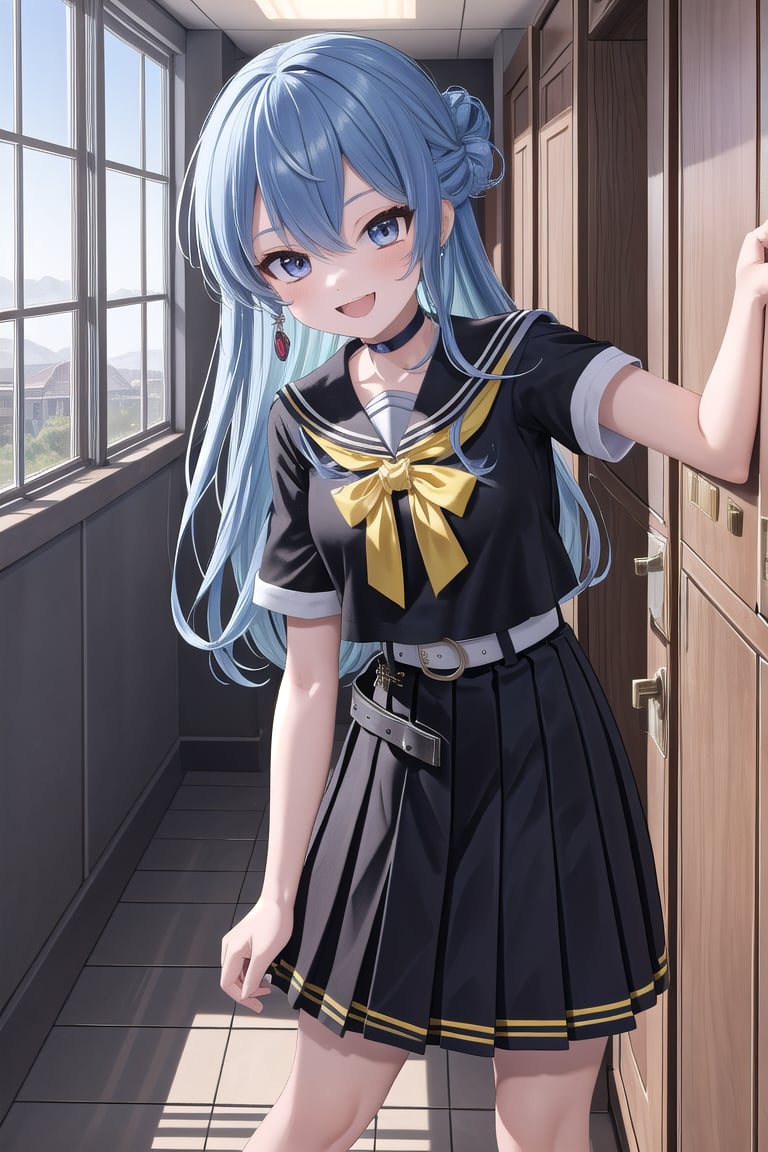 masterpiece, best quality, absurdres, perfect anatomy, SuiseiSchool, long hair, half updo, black serafuku, black shirt, black choker, yellow bowtie, grey belt, black skirt, short sleeves, hallway, school, leaning against lockers, smile, ,(masterpiece),scenery